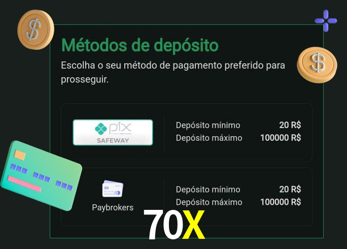 O cassino 70X oferece uma grande variedade de métodos de pagamento